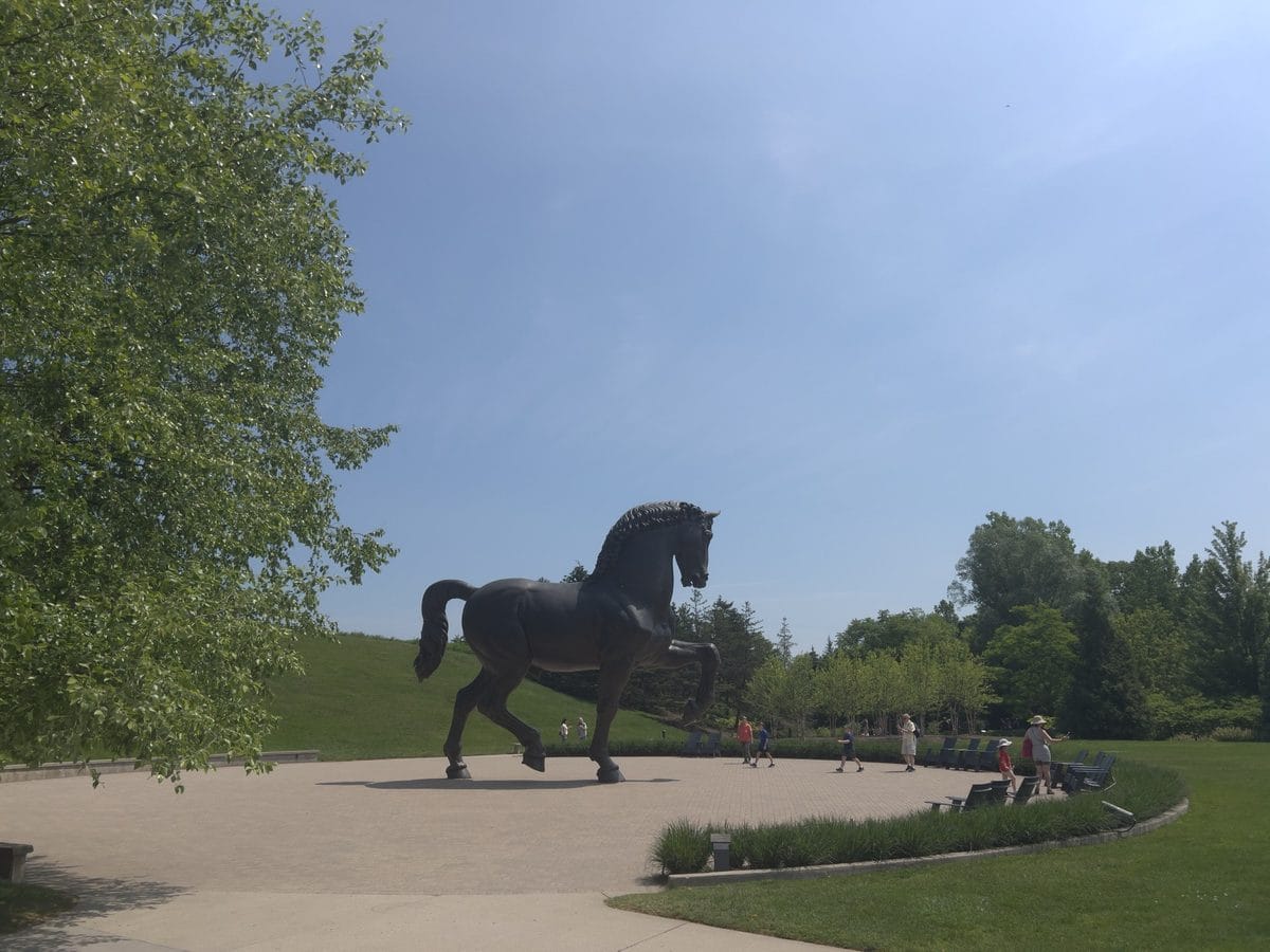 The American Horse, the realized cast of the unfinished Leonardo da Vinci horse, framed by trees at Meijer Gardens in Grand Rapids