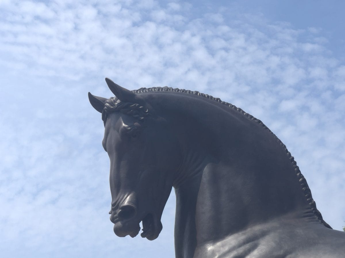 Detail of the head and mane of The American Horse bronze by Nina Akamu against the sky at Meijer Gardens, Grand Rapids