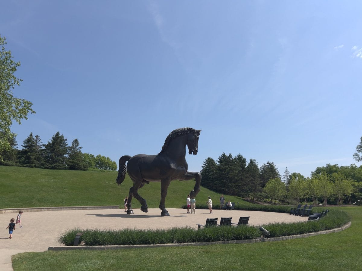 Profile view of The American Horse, the Grand Rapids cast of the Leonardo da Vinci horse, on its circular plaza at Meijer Gardens