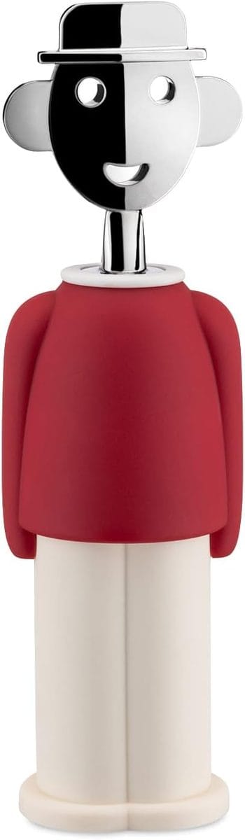 Alessi Alessandro M. corkscrew by Alessandro Mendini in red thermoplastic resin and chrome-plated zamak