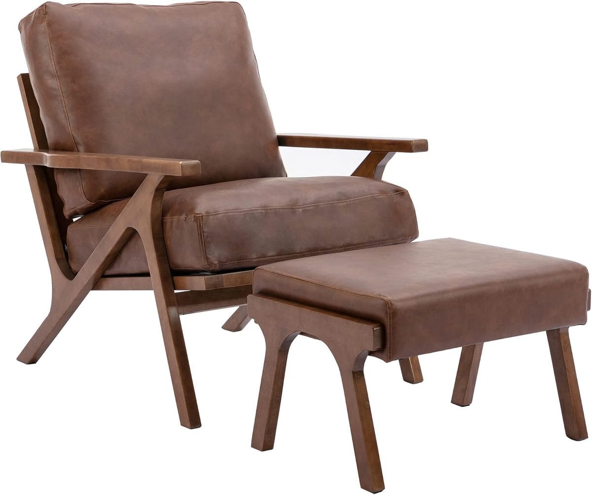 chairus mid-century lounge chair and ottoman with solid wood frame and brown faux leather cushions